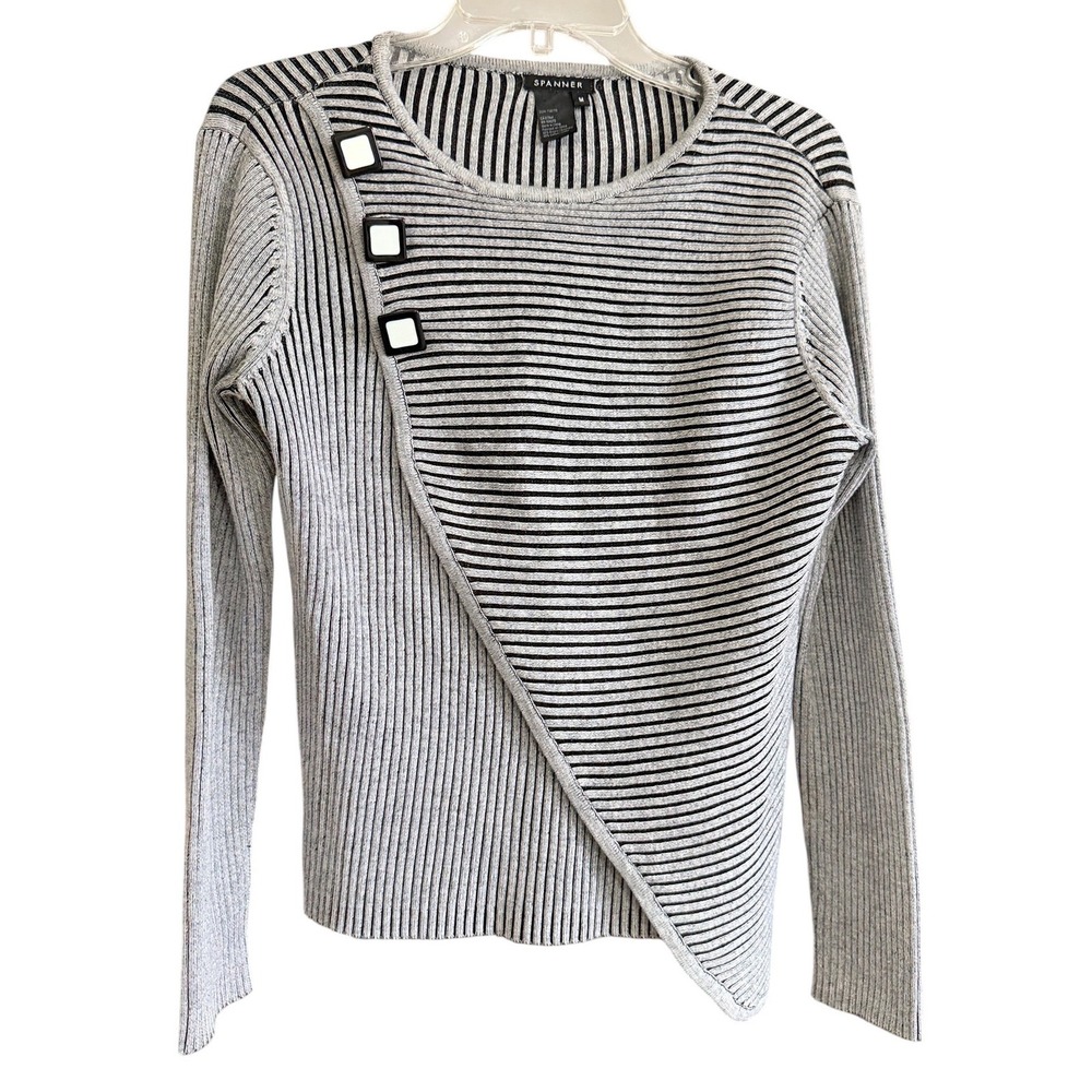 Spanner Womens Grey Black Striped Asymmetrical Ribbed Knit Sweater Size M